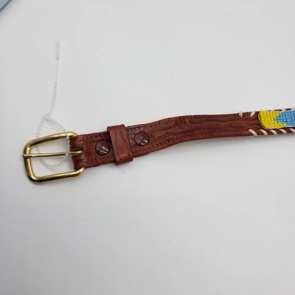 Vintage Handmade women US 26 brown belt multi bead tooled leather Native America
